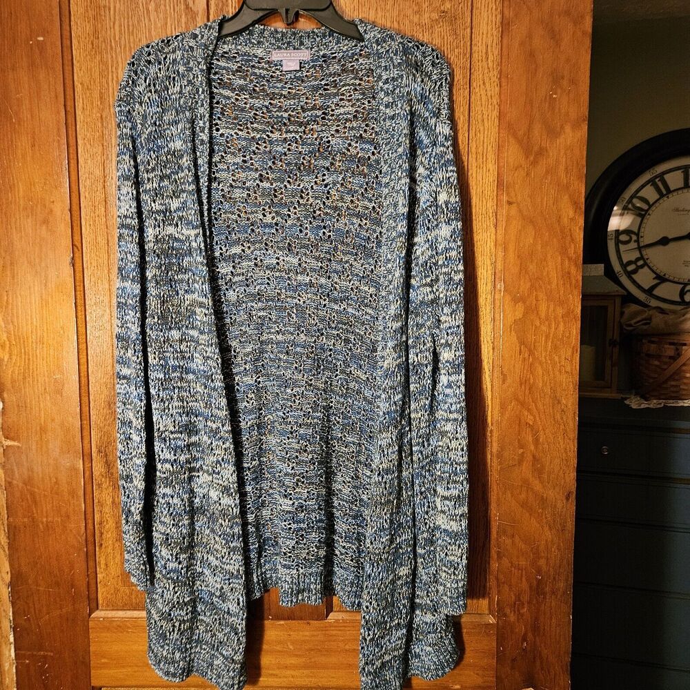 Laura Scott Women's Green & Blue Cardigan L | Open Front Knit Sweater